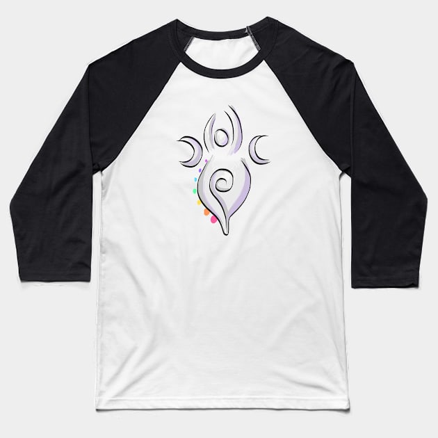 Spiral Goddess T-Shirt Three Symbol Wiccan Pagan and Chakras - on light Baseball T-Shirt by BeesEz